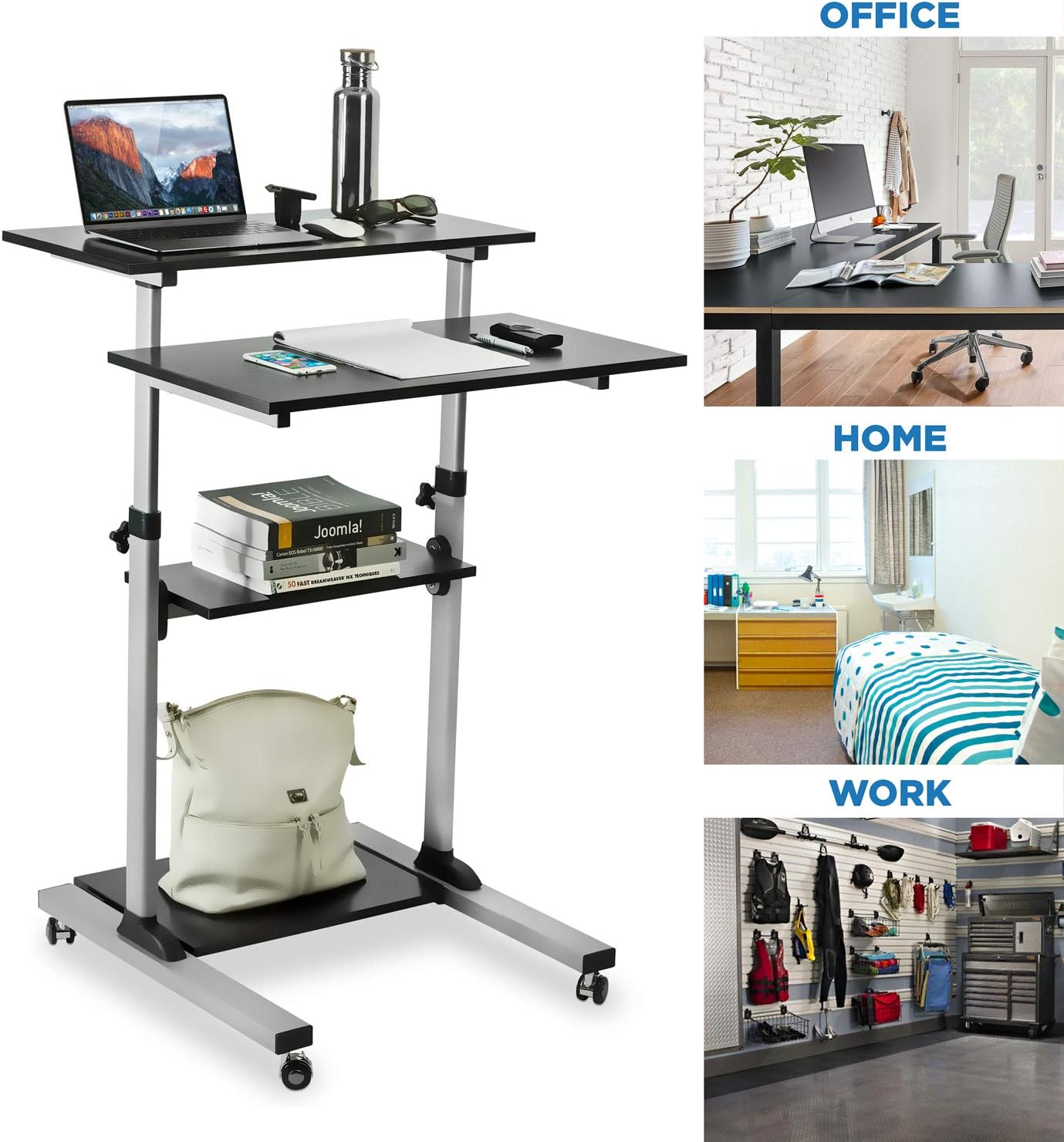 Mount-It! Rolling Desk Adjustable Height up to 54.7", Portable Standing Desk for Laptop or Podium Stand with Wheels, Mobile Roller Presentation Cart, Computer Work Station 27.5" Wide, Locking Wheels