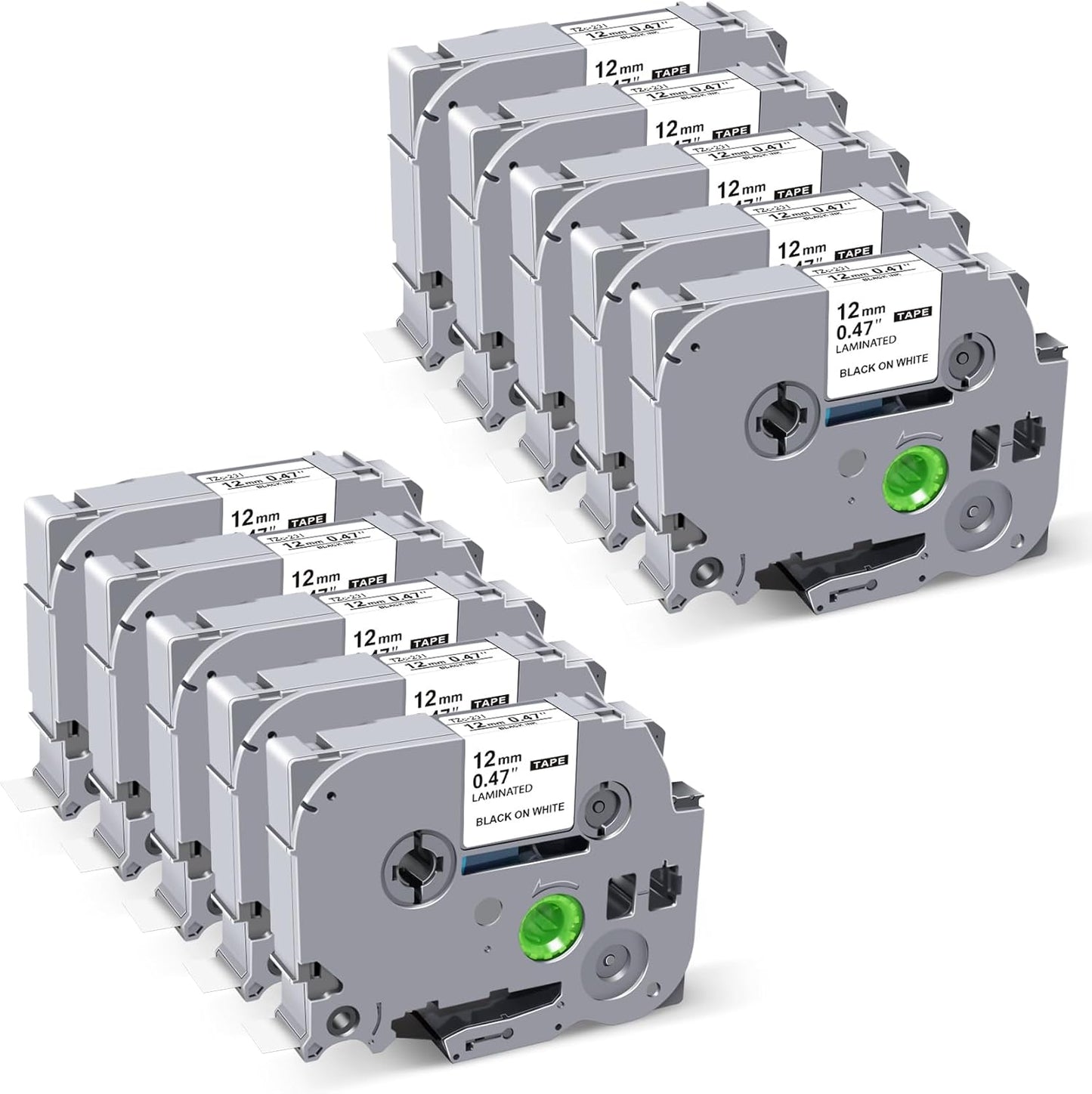 Tze Tz Tape 12mm 0.47 Laminated White Replace for Brother P Touch Label Maker Refill TZE-231 TZ231 TZE23110PKB, White Cartridges for Ptouch Model PT-D201 PT-D210 PT-H110 Printers, 10-Pack