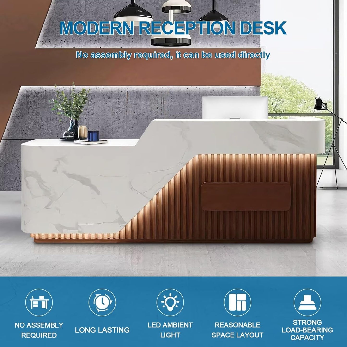 Reception Desk with Counter Modern Front Office Desk Large Reception Room Tables Checkout Counter Reception Table for Retail Lobby Beauty Salons D 79inch/200cm