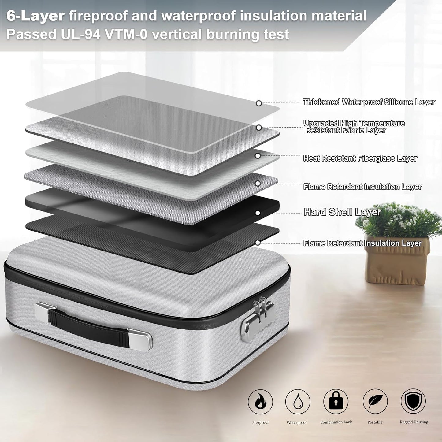 Fireproof Document Box, Hard Shell Fireproof Box, Document Organizer with Lock, Fireproof Water Resistant box, Portable Documents Safe Box for Important Document Certificates, Laptop, Passports,Silver