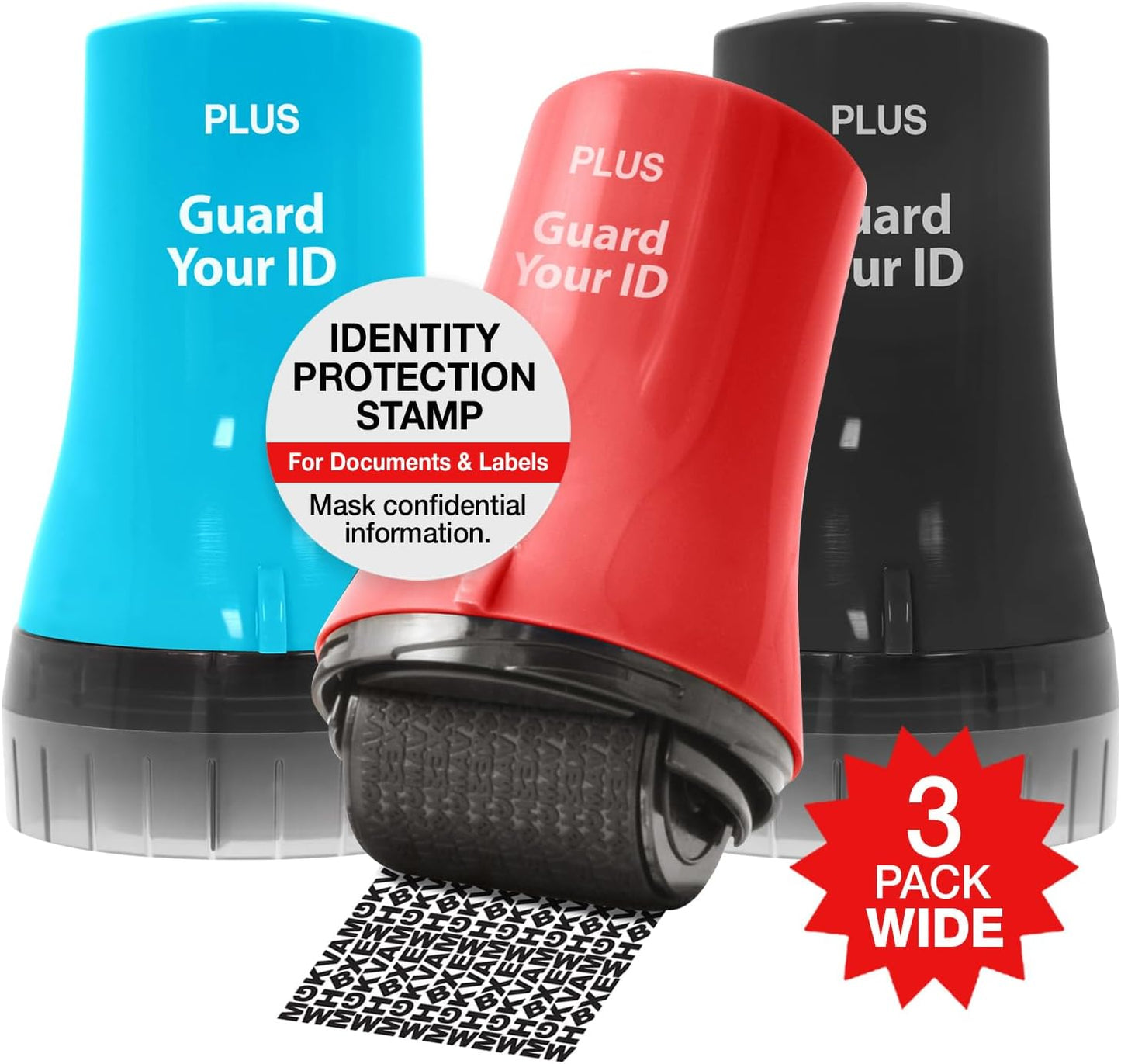 Wide Advanced Roller Stamp by Guard Your ID for Identity Theft Protection, As Seen on TV (3-Pack, Mixed Colors: Turquoise, Black, Red)