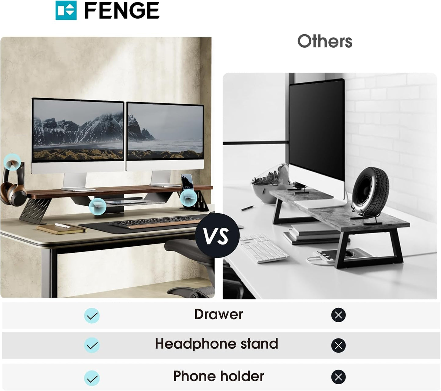 Fenge Dual Monitor Stand, 42.5 Inch Monitor Riser for Desk, Wood Desk Shelf for 2 Monitors, 2 Tier Monitor Shelf with Headphone Stand & Phone Holder
