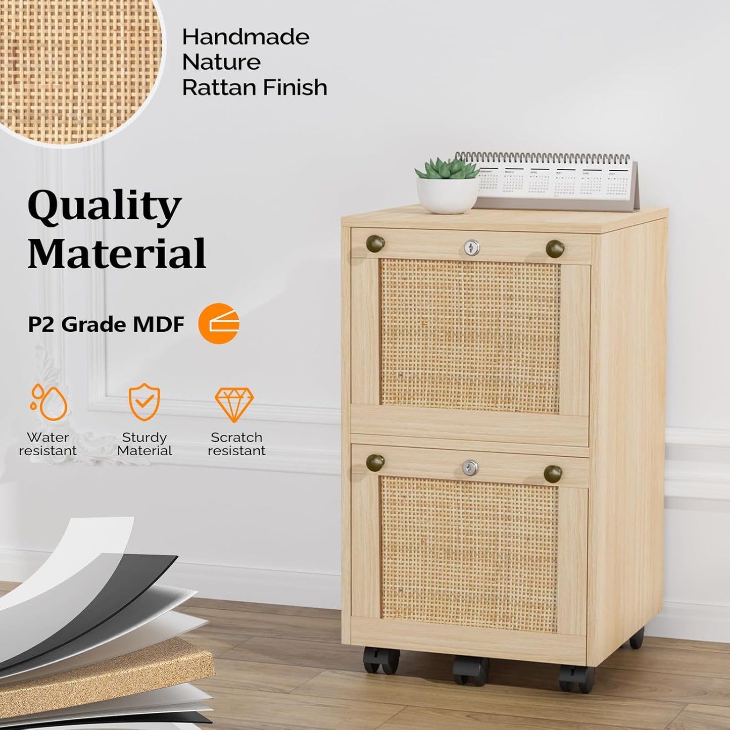 VINGLI 2 Drawer File Cabinet with Lock, Rolling File Cabinets for Home Office, Small Printer Stand, Wood Rattan Oak File Organizer, Under Desk Filing Cabinet on Wheels for Folders with Tabs