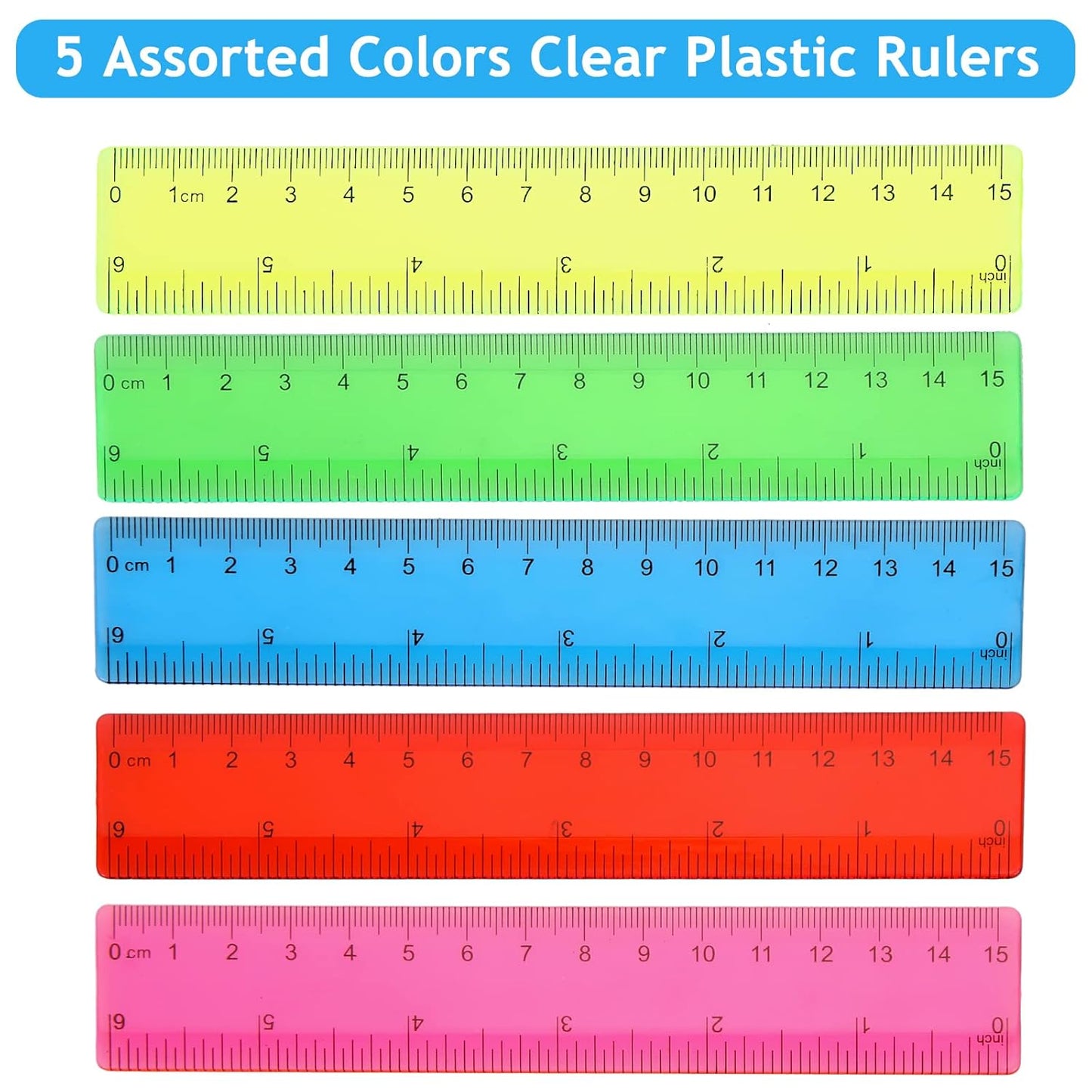 Zonon 100 Pcs 6 Inch Rulers Bulk Plastic Flexible Small Straight Rulers with Inches and Centimeters First Day of School Gift for Students Back to School Office Supplies(Colorful, Transparent)
