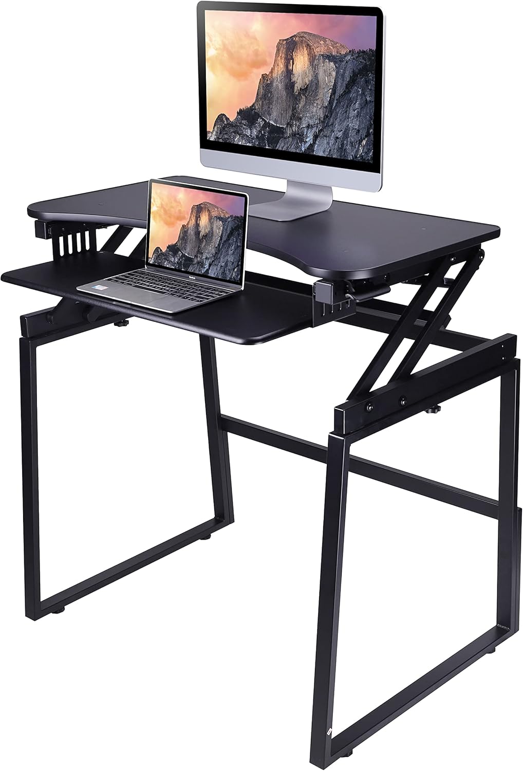 Rocelco 32" Height Adjustable Standing Desk Converter with Floor Stand Bundle - Slide Out Retractable Keyboard Tray - Sit Stand Up Dual Monitor Riser - Computer Workstation - Black (R ADRB-STFS)