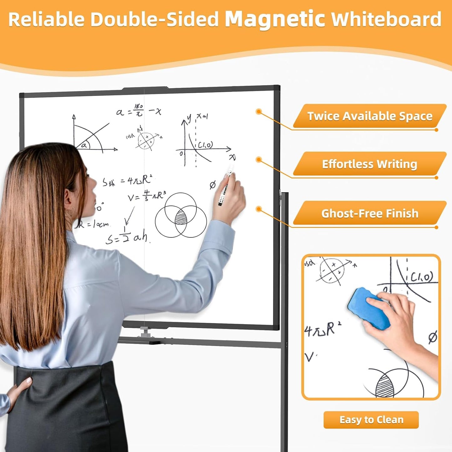 WALGLASS Rolling Whiteboard on Wheels, 72"x36" Double-Sided Dry Erase White Board with Stand, Large Magnetic Whiteboard, Giant Portable Standing Black Boards for Office, School, Home, Classroom 6x3 ft