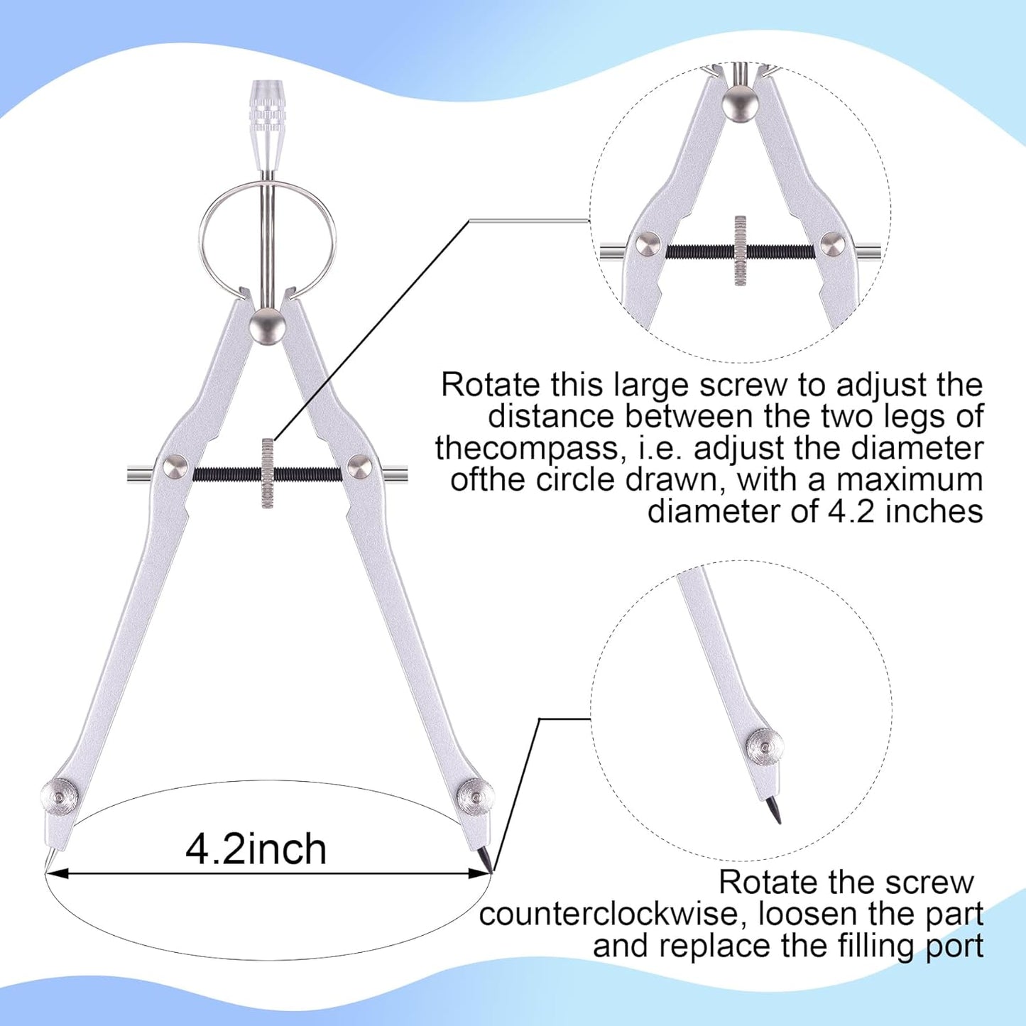 Compass and Protractor Set, Professional Drawing Compass Tool, Metal Compass with Extra Refills, Compass for Geometry and 6 Inch Math Protractors 180 Degree (Silver)