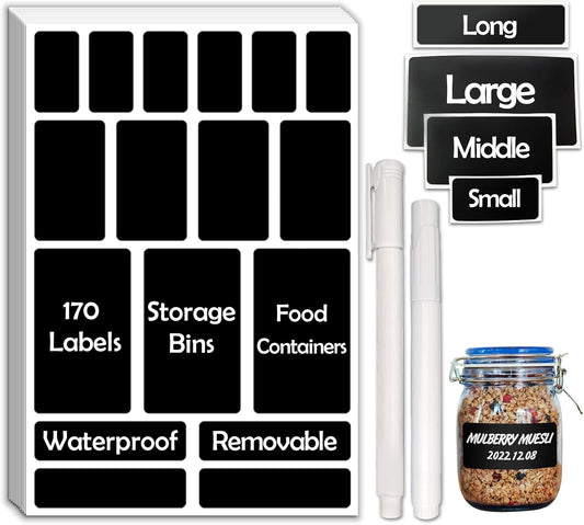 170Pcs Black Removable Labels for Jars,for Storage Bins,for Food Containers with 2 Liquid Chalk Marker(Black)