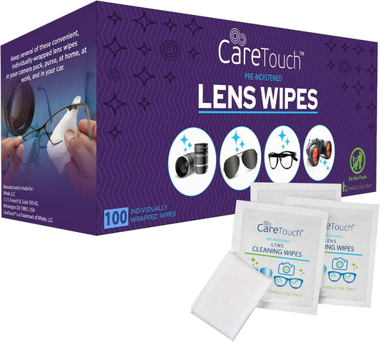 Care Touch Lens Wipes for Eyeglasses- 100 Count Individually Wrapped Pre- Moistened Wipes, 5 x 6 Inch- Camera Lens, Sunglasses and Glasses Cleaner,- Gentle and Portable for Cleaning of Optical Devices