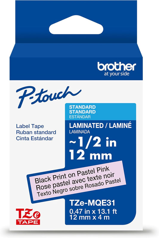 Brother Genuine P-Touch TZeMQE31 Tape, 1/2" (0.47") Wide Standard Laminated Tape, Black on Pastel Pink, Laminated for Indoor or Outdoor Use, Water-Resistant, 0.47" x 26.2' (12mm x 8M), TZEMQE31