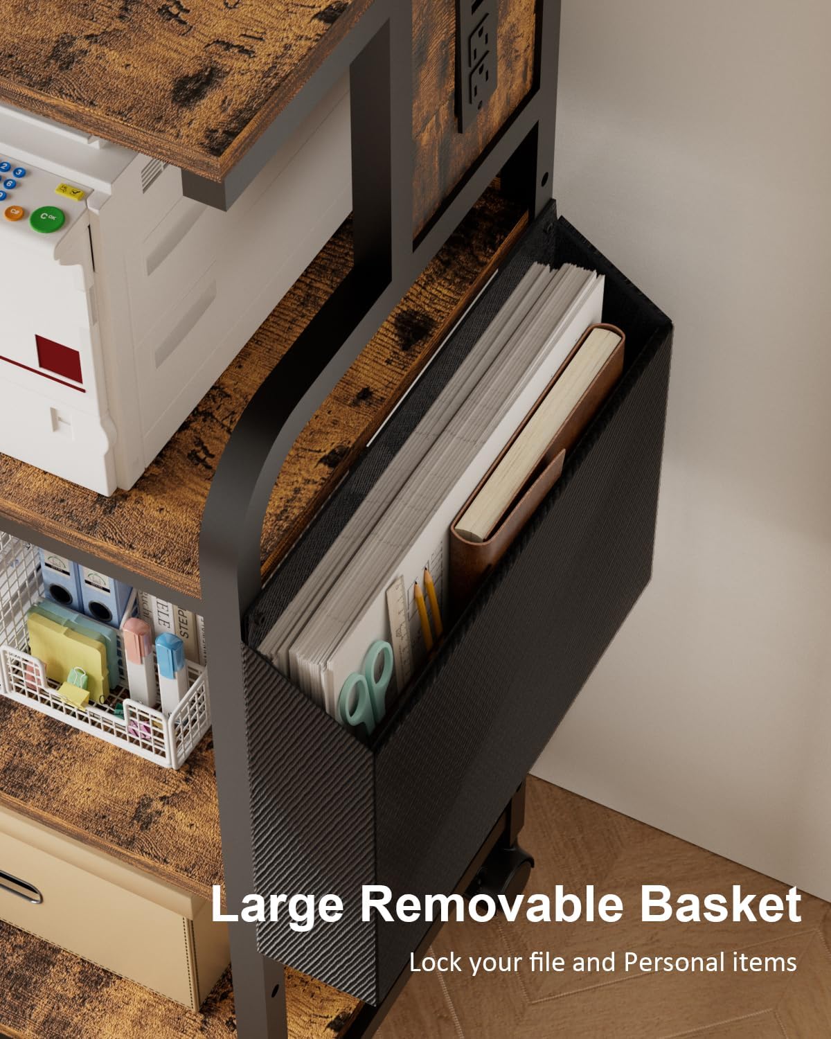 Tall Printer Stand with Storage Adjustable Shelf and Bag, 4-Tier Large Printer Table with Charging Station for Home Office, Printers Cart with Wheels for 3D Shredder Scanner Fax