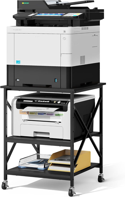 Warmiehomy 24"x24"x30" Large Printer Stand with Storage, 3 Tier Rolling Printer Cart Table, Mini Fridge Stand with Wheels, Use for 3D Laser Printer Home Office, Black