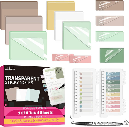Transparent Sticky Notes,1120 Sheets Clear Sticky Notes with Pen, Waterproof Annotation Kit, Self-Adhesive Translucent Writable Index Tabs for Annotation Books, Bible Journaling Study Office School