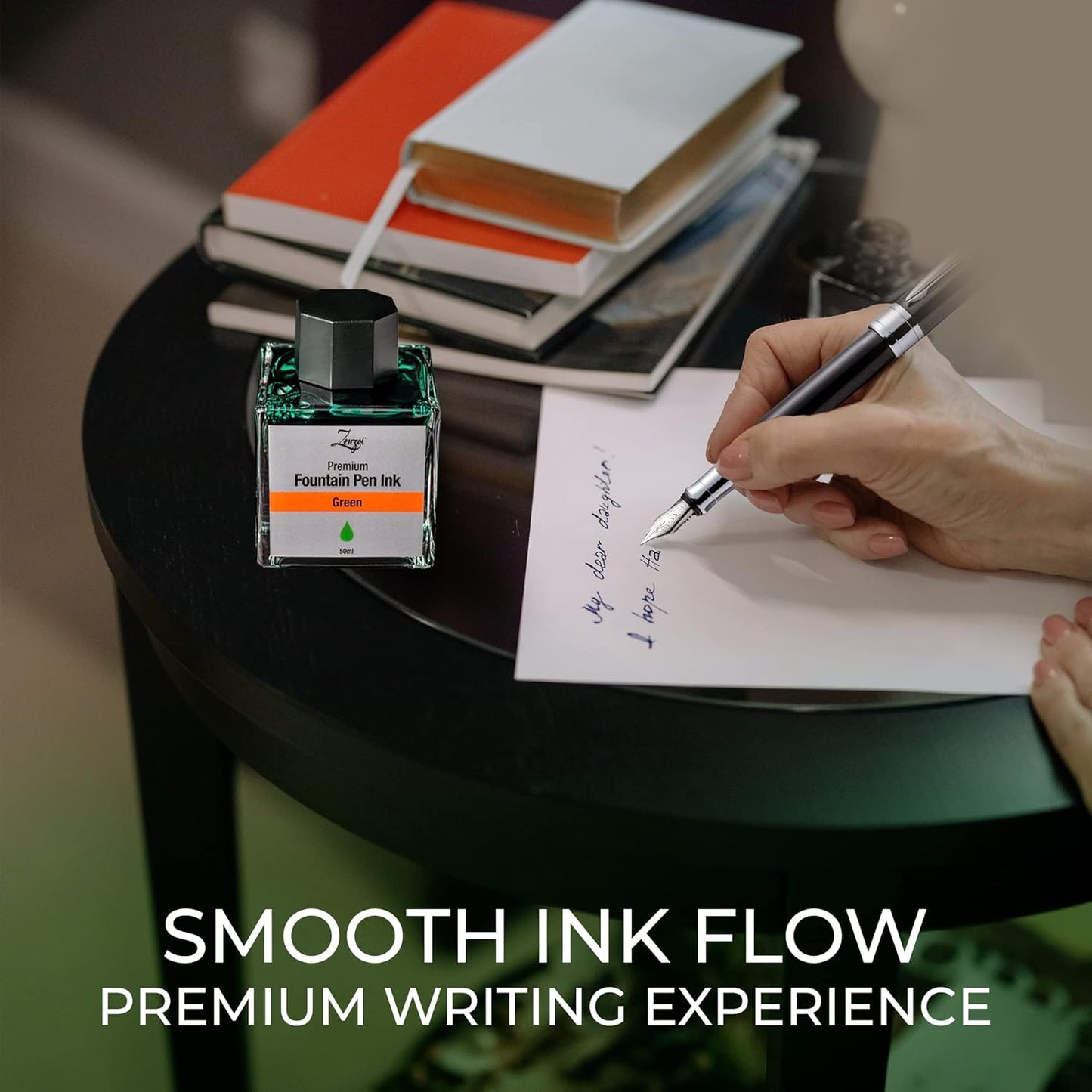 ZenZoi Fountain Pen Ink Bottle 50ml | Premium Designed Bottled Ink for Fountain Pens – Suitable for Calligraphy and All Branded Pens | Quick Drying and Smooth Flow Writing Experience (Green)