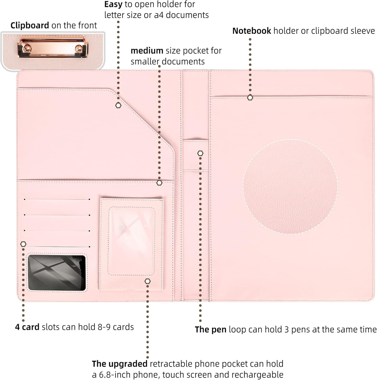 Leather Portfolio Organizer Women Clipboard with Storage Pink Clip Board for Notepad,Phone,Cards