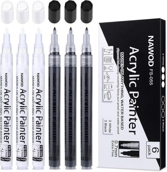 NAWOD Paint Pens White Black Acrylic Marker 6 Pack, Acrylic Permanent Marker, White Paint Pens for Rock Ceramic Wooden Leather Glass Painting Metal Tire, 0.7mm Extra Fine Point Quick Drying