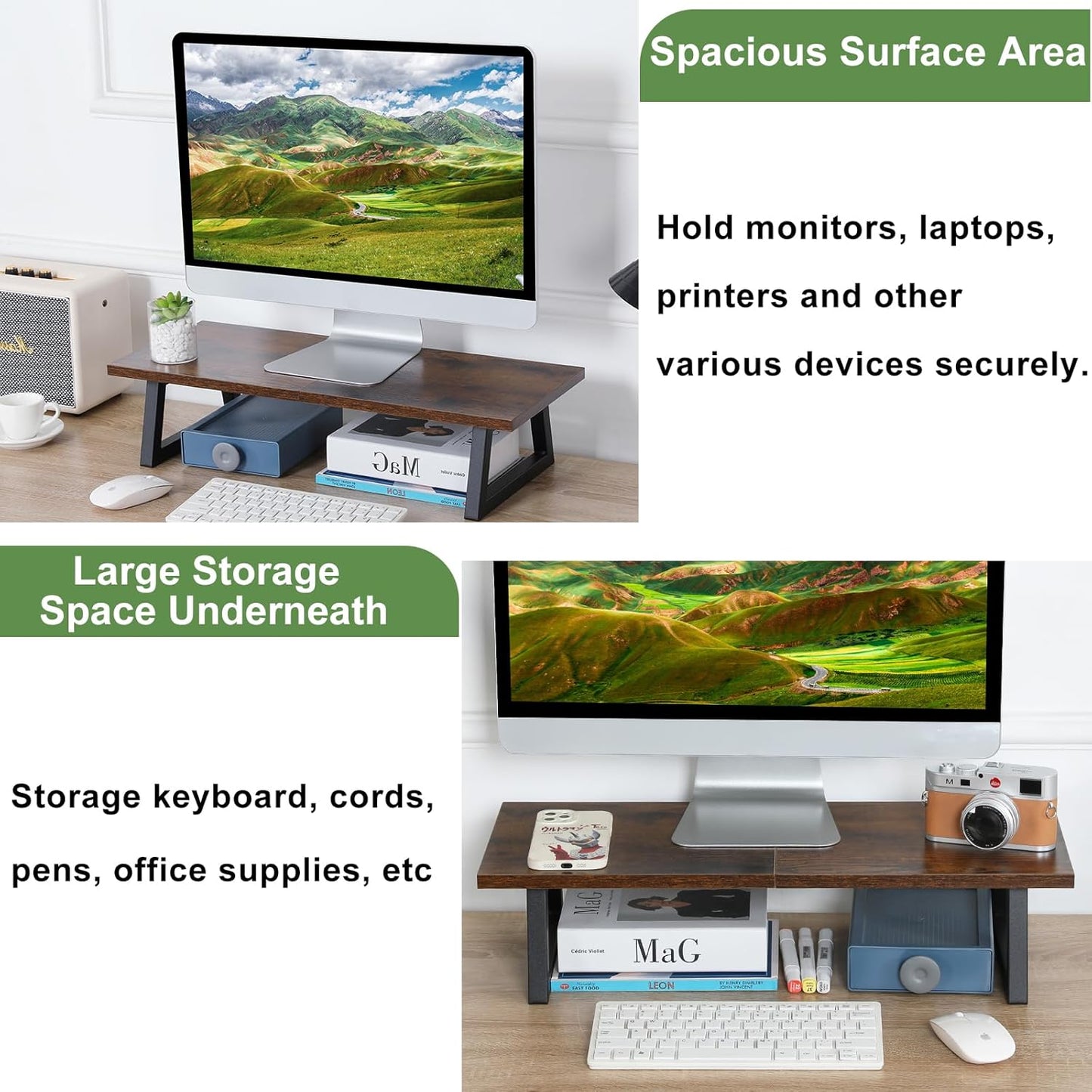 TEAMIX 24 inch Monitor Stand Riser, Rustic Brown Wood & Steel Computer Monitor Stand with Storage, Laptop, PC, Printer Stand Riser for Desktop Office Desk Organizers