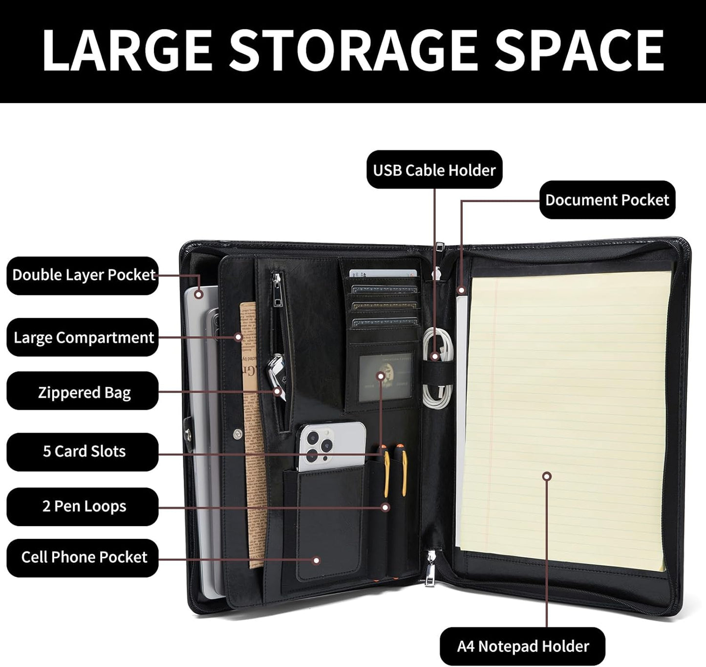 Vegan Leather Portfolio, Legal Size 8.5 x 14 Pad Holder, Business Padfolio for Men and Women, Zippered Laptop Organizer, Executive Professional Work Travel Notepad Folio, Black