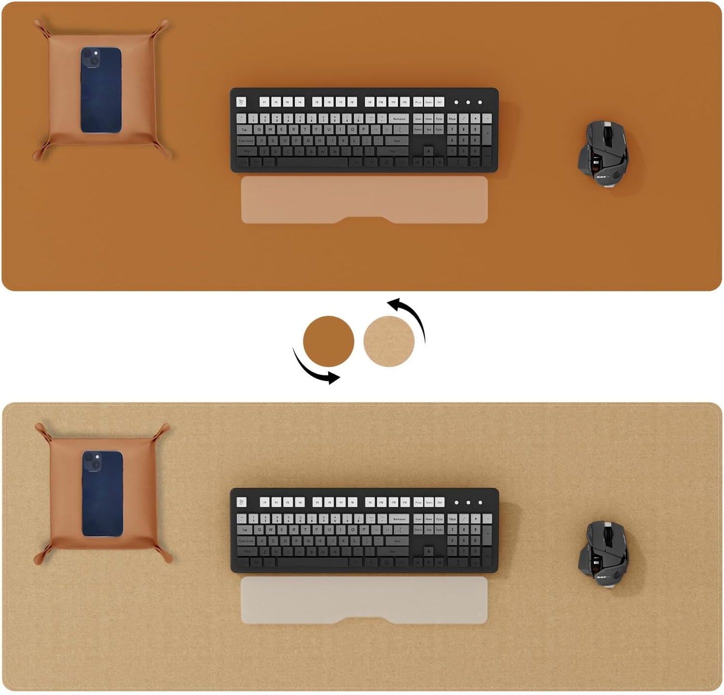 DAWNTREES Dual Sided Desk Mat,Leather Desk Pad,Brown 40"x16",Cork Desk Mat Protector,with PU Leather Valet Tray Organizer,Large Mouse Pad,Desk Writing Pad for Office and Home