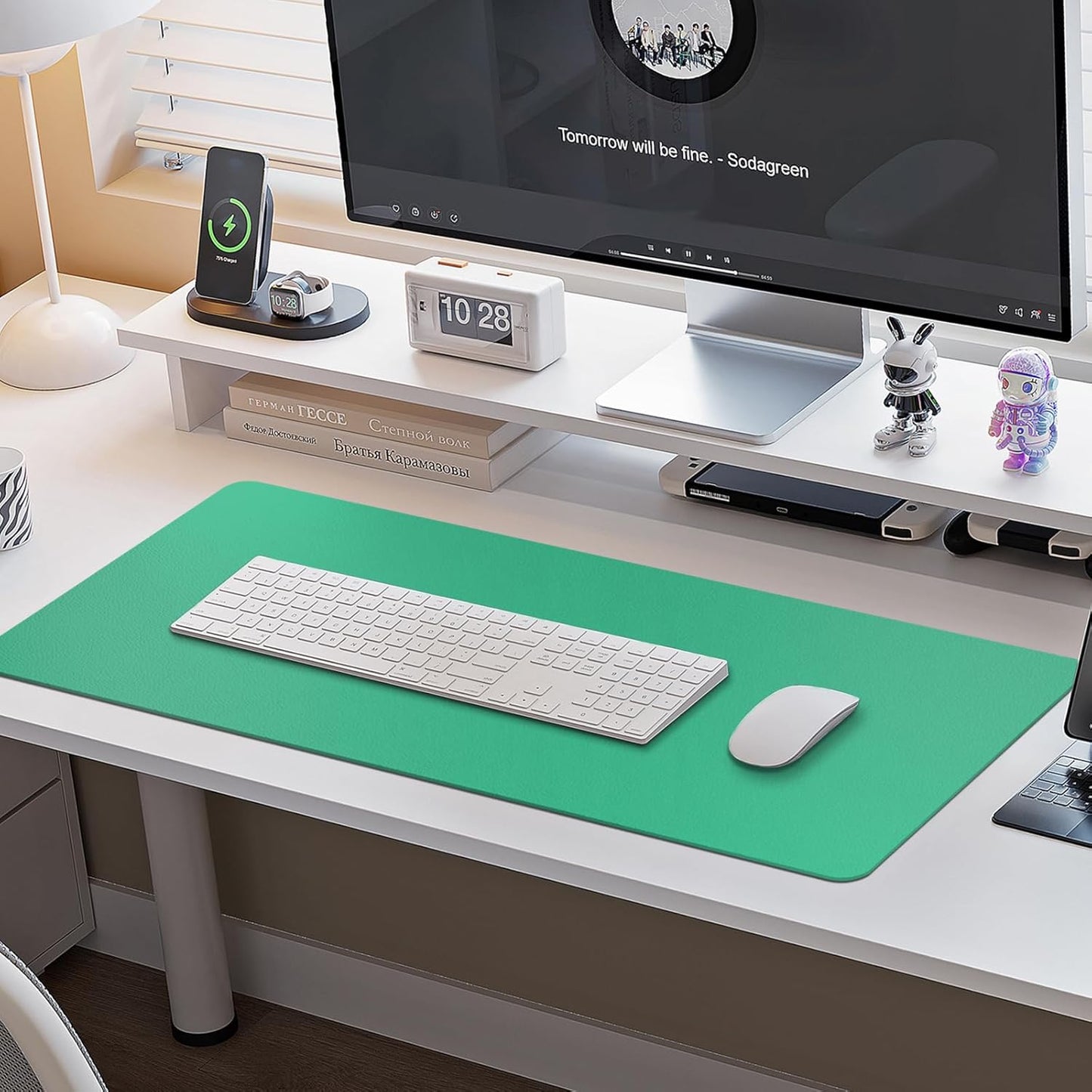 Boutilon Leather Desk Pad Protector,Non-Slip Mouse Pad,Laptop Desk Pad,Office Mouse Mat,Waterproof Leather Desk Blotter,Desk Writing Pad for Office and Home (L-Light Green,35"x 17")