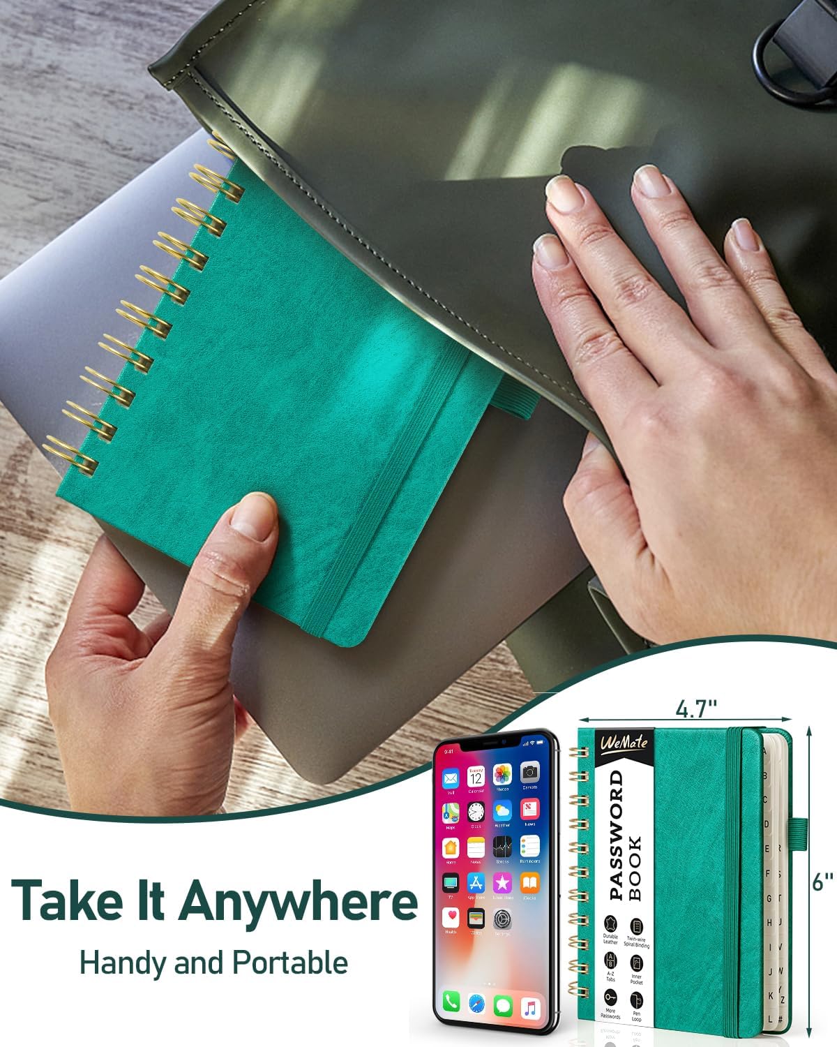 WEMATE Password Book with Alphabetical Tabs, Spiral Password Keeper Book for Seniors, Internet Password Notebook Password Journal Logbook Log in Detail, Small – 4.7''x 6'' (Teal)