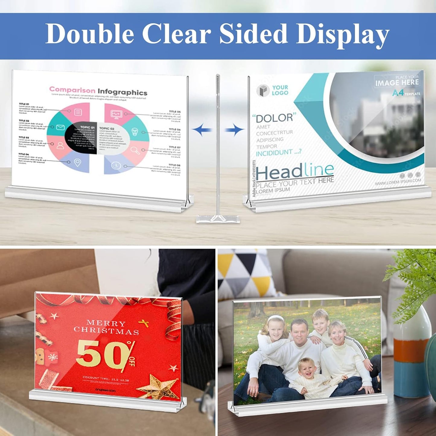 Arrobust Acrylic Sign Holder 8.5x11 Inches 6 Pack Horizontal, T -Shaped Double Sided Clear Paper Frames, PlasticTable Menu Display Holder, Document Flyer Table Stand for Office, Store, Restaurant