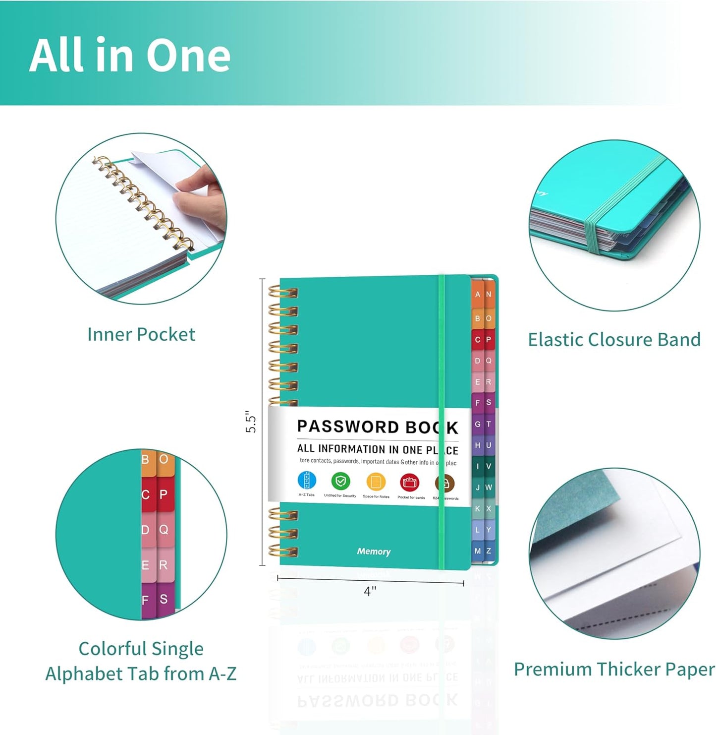 Spiral Password Book with Alphabetical Tabs – 4" X 5.5" Small Password Keeper Book with Inner Pocket for Seniors , Large Print, Hardcover, 468 Logins – Internet Password Organizer Notebook for Home & Office Use