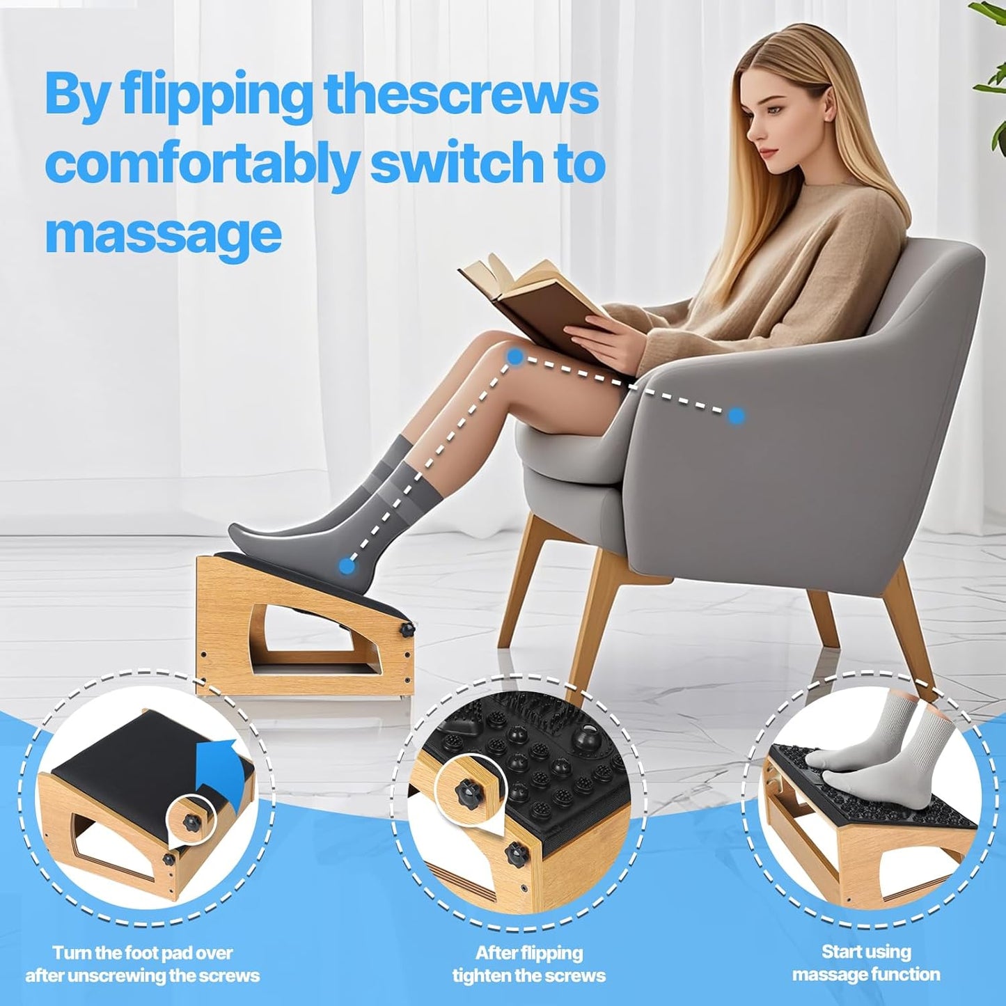 Ergonomic Foot Rest, 4 Adjustable Height Foot Stool,Footrest Under Desk， Flip Over Office Desk Foot Rest, Improving Posture, Promoting Blood Circulation（Natural）