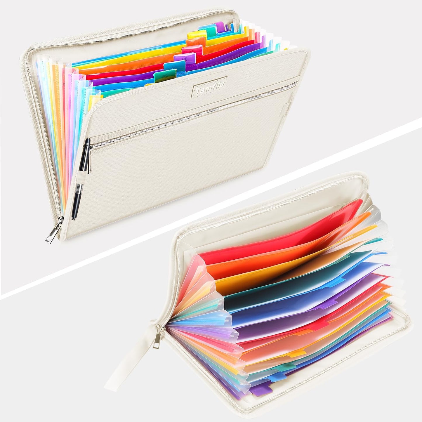 Fireproof Safe Waterproof Accordion File Bag Folder Expanding Filing Folder with 14 Multicolored Pockets, A4 Letter Size, Document Organizer Holder and Color Labels /2 Zipper (Beige 14.3" x 9.8")