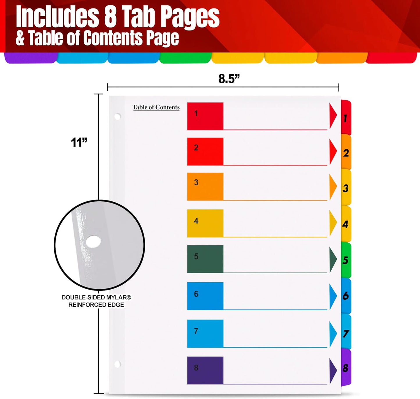Tab Dividers for 3 Ring Binders – 6 Sets, 1–8 Numbered Index Dividers with Table of Contents – 8.5 x 11 in, 3-Hole Punched – Binder Dividers for School, Office, Filing, Organizing - 6 Pack