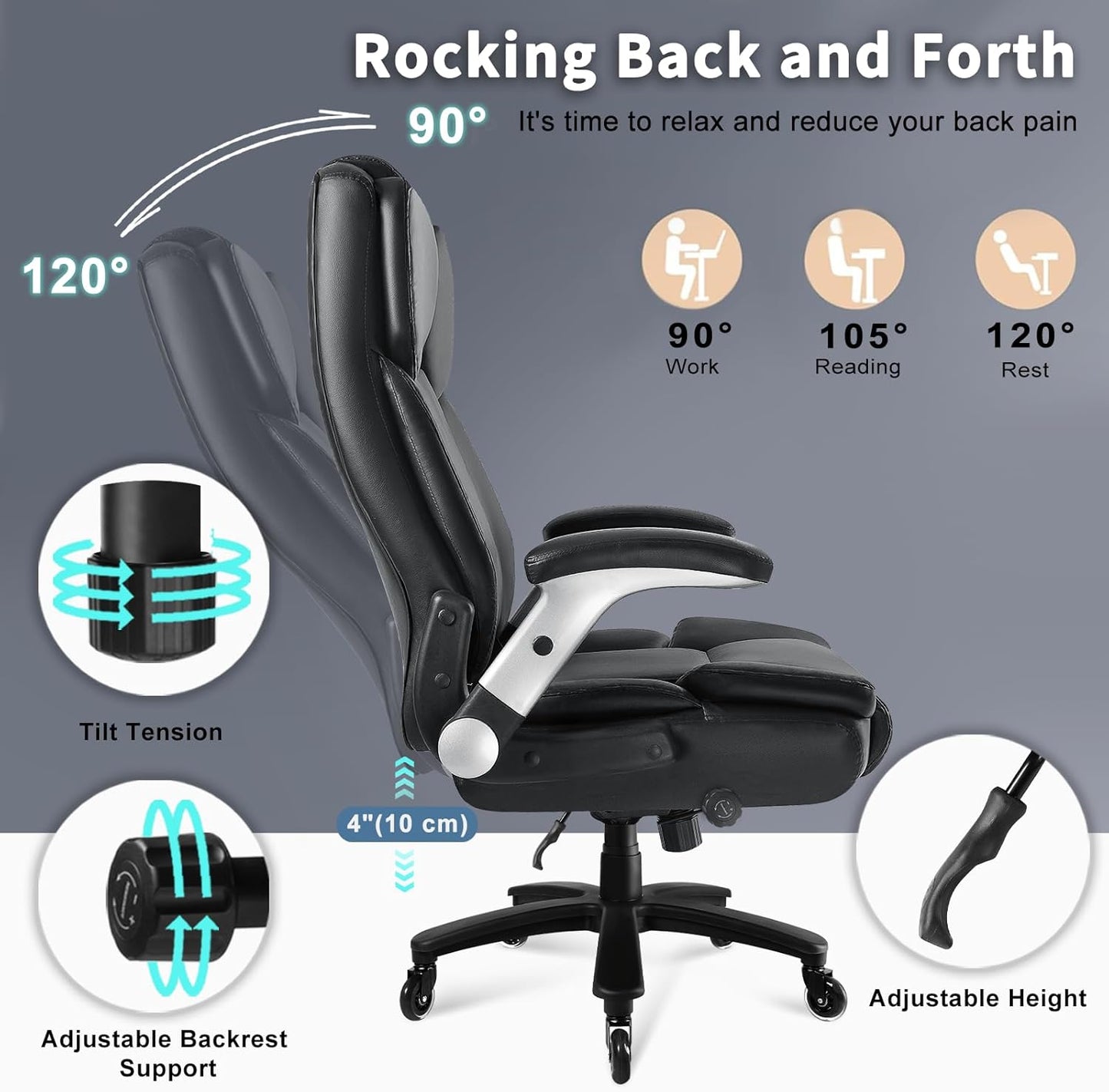 Big and Tall Office Chair 600LBS, Heavy Duty Office Chair for Heavy People, High Back Executive Office Leather Chair with Adjustable Armrests and Lumbar Support, Black Ergonomic Big Tall Chair