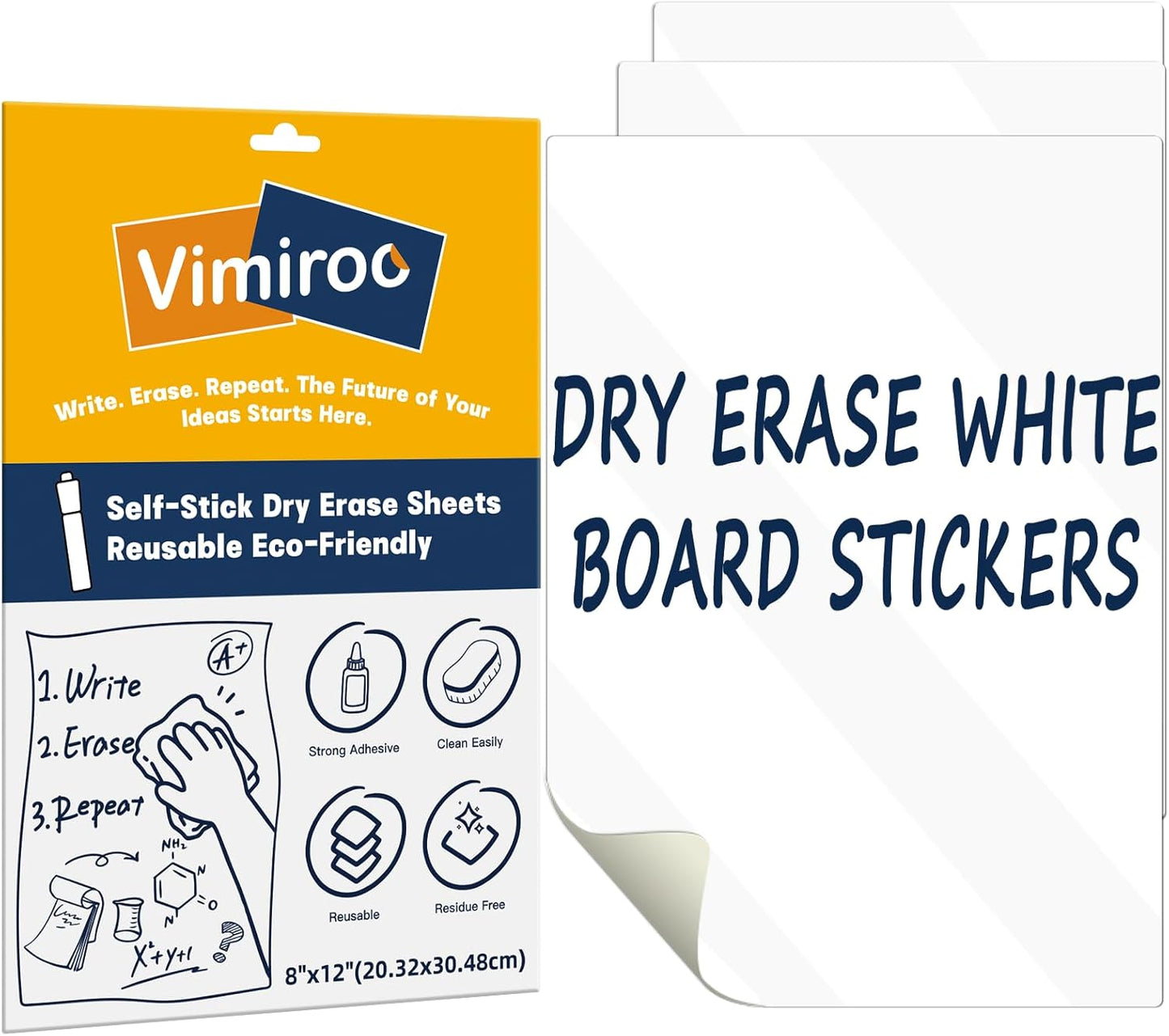 Dry Erase White Board Stickers, 12" x 8" Removable Dry Erase Sheets for Wall/Refrigerator/Door/Classroom, Adhesive Non-Magnetic Whiteboard, Fridge Dry Erase Paper(3 Sheets)
