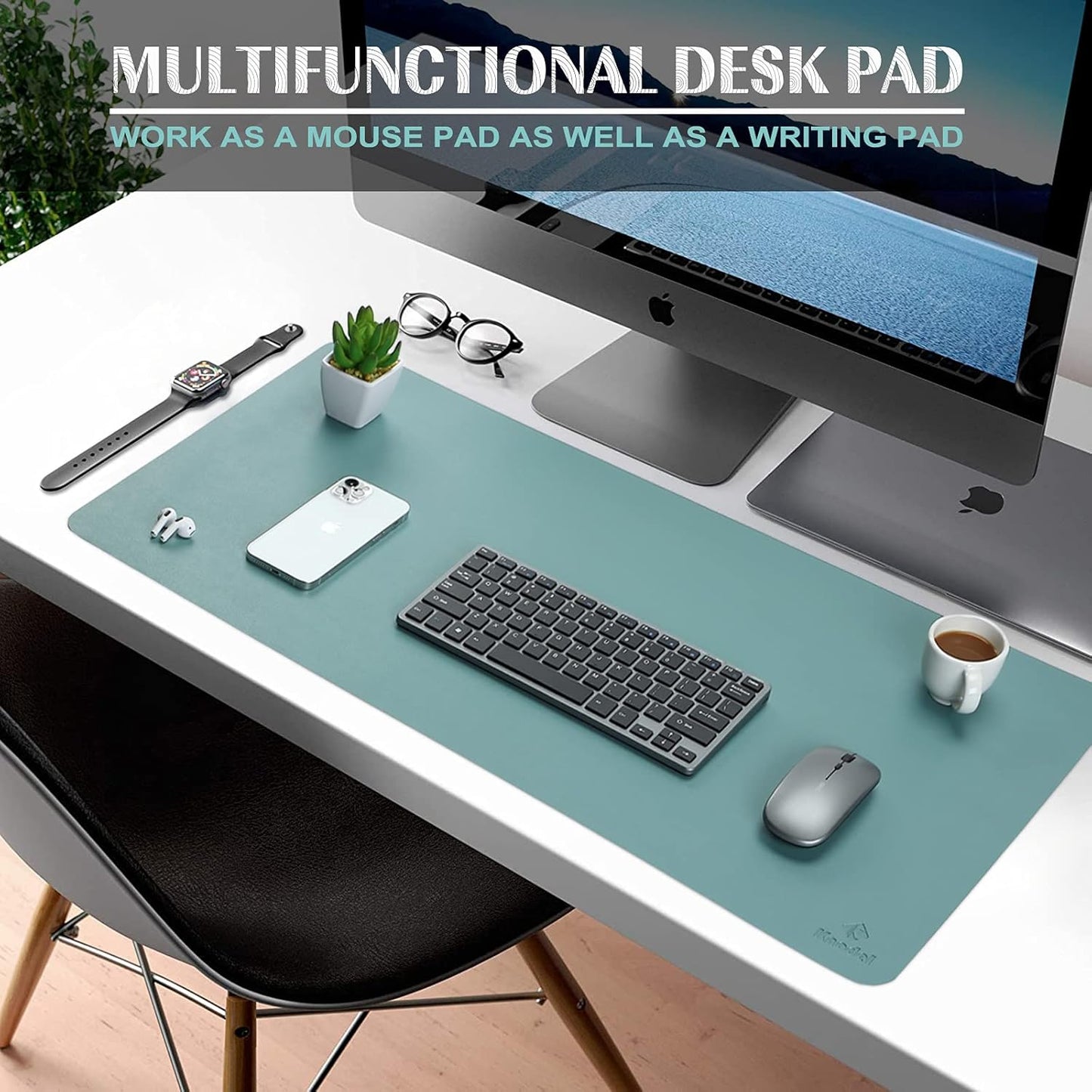 K KNODEL Large Office Leather Desk Mat, Mouse and Keyboard Pad, Computer and Laptop Mat, Desktop Protector and Cover, Writing Pad and Blotter (35.4"x17", Green)
