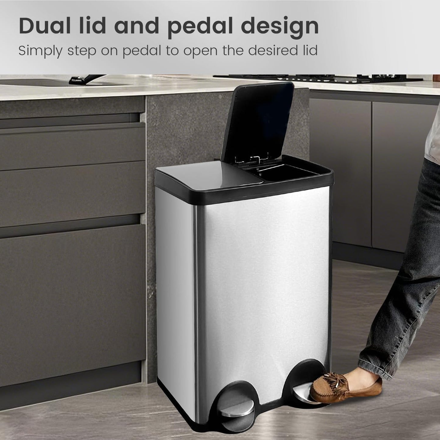 60 Liter (2x30L) 16 Gallon Dual Trash Can, Recycle Bins for Kitchen with 2 Compartments, Trash and Recycle Bin Combo, Soft Close Lid, Stainless Steel Trash Can