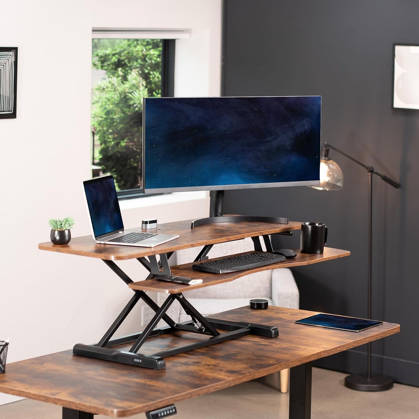 VIVO 48 inch Desk Converter, K Series, Height Adjustable Sit to Stand Riser, Dual Monitor and Laptop Workstation with Wide Keyboard Tray, Rustic Vintage Brown Top, Black Frame, DESK-V048KN