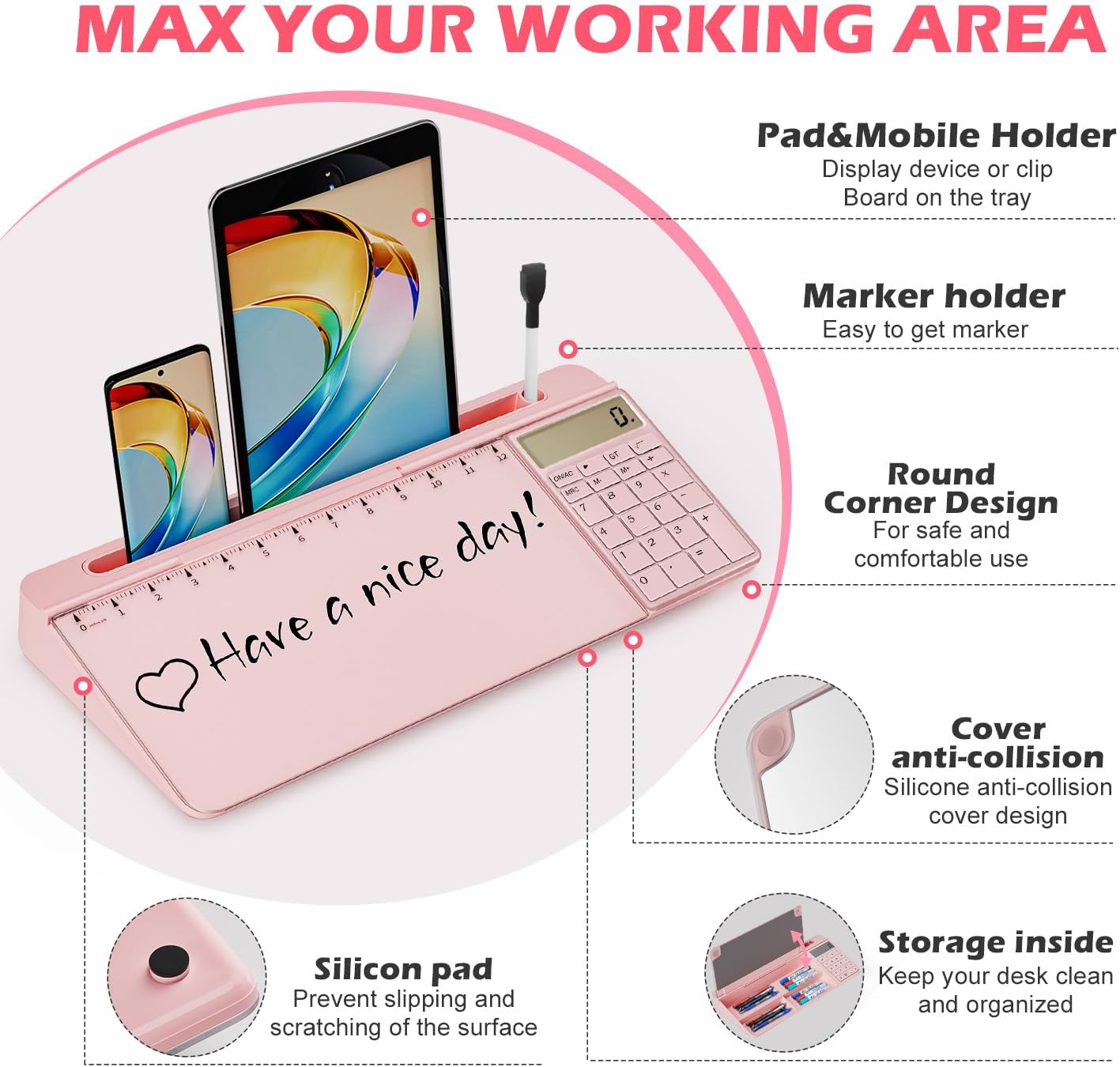 Desktop Glass Whiteboard with Mirror & Calculator(12 Digit LCD Display) & Ruler Marker,Tilted Computer Keyboard Stand with Dry Erase Board Surface, Desk Organizers with Accessories,Pink