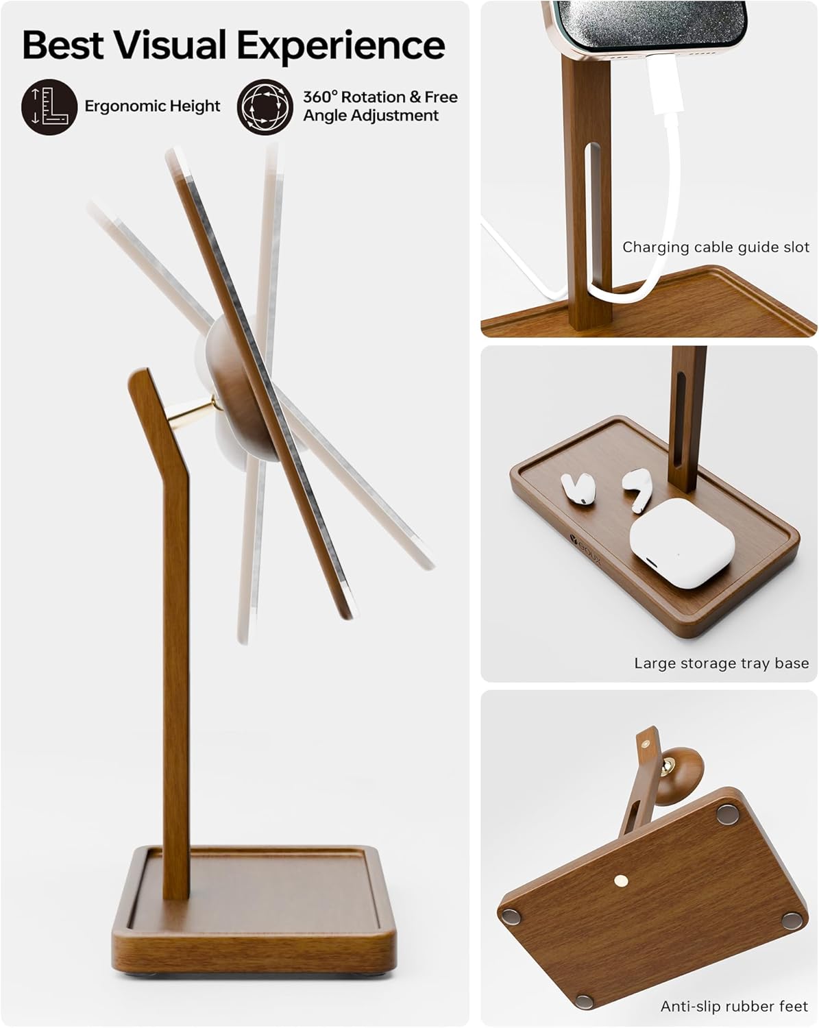 YEOUX Premium Desktop Glass Mirror, Dry Erase Board & Magnetic Phone Stand 3-in-1 | 360° Adjustable | Solid Wood | MagSafe Compatible, Small Whiteboard for Office Home Desk