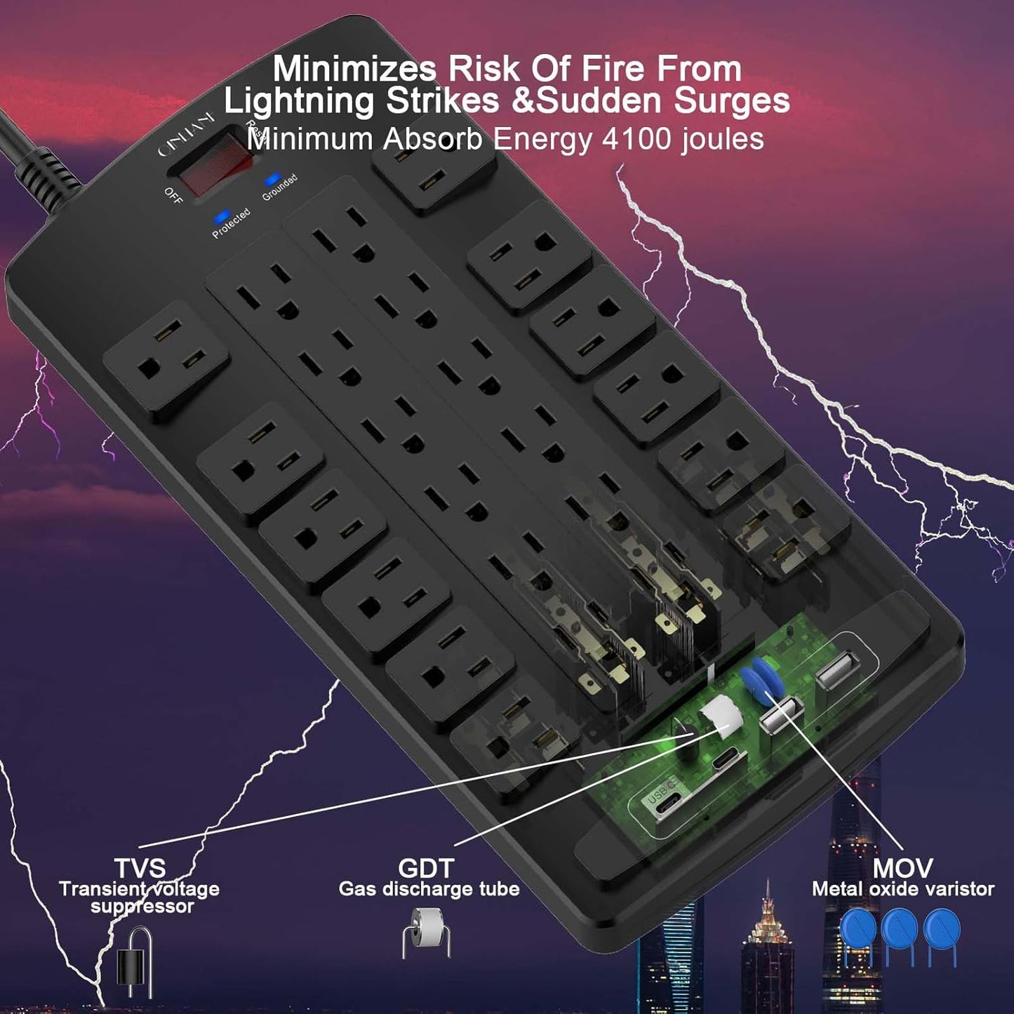 QINLIANF Surge Protector Power Strip - 6Ft Flat Plug Heavy Duty Extension Cord with 24 Outlets and 4 USB Ports(2 USB-C Ports), 1875W/15A, 4100J, for Home, Office, Dorm, ETL Listed, Black