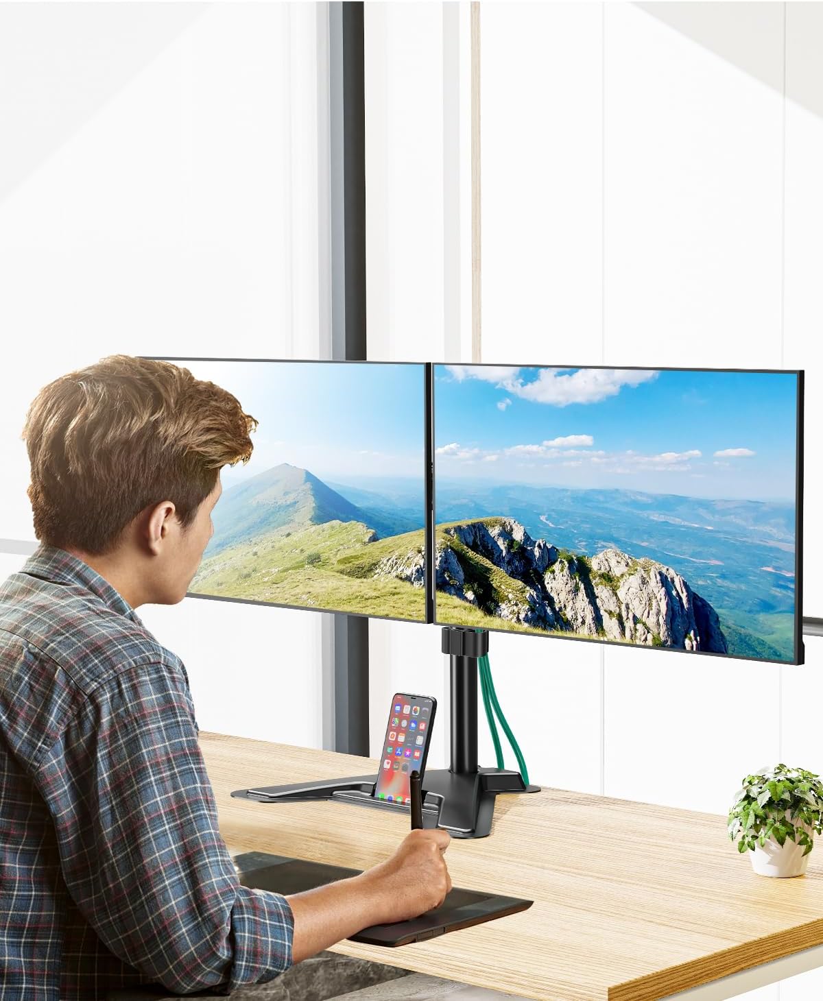 MOUNT PRO Dual Monitor Stand, Free-Standing Full Motion Monitor Desk Mount Fits 2 Screens up to 27 inches,17.6lbs with Height Adjustable, Swivel, Tilt, Rotation, VESA 75x75 100x100, Black