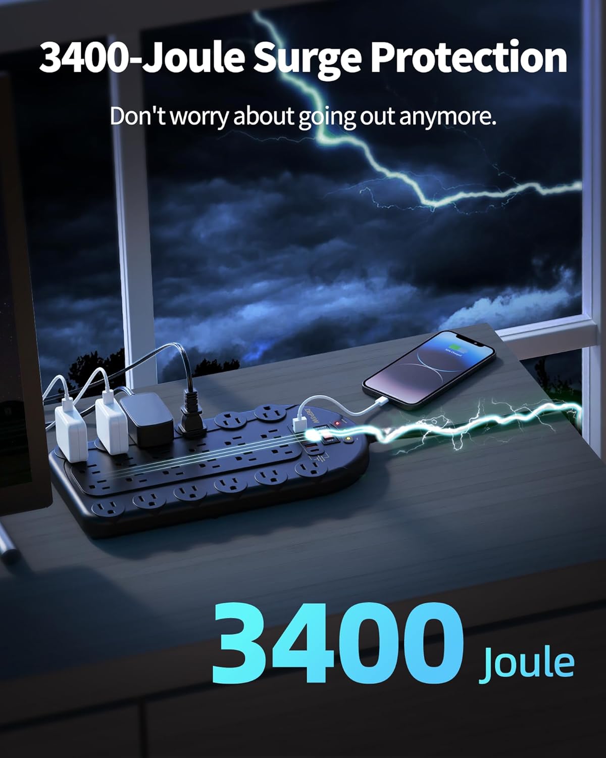 Power Strip, 24 AC Outlets (1875W/15A) with 6 USBs (2 USB-C Ports), Surge Protector (3,400 Joules), 10Ft Heavy Duty Flat Plug Extension Cord, Wall Mountable for Home, Office, Black, ETL Listed