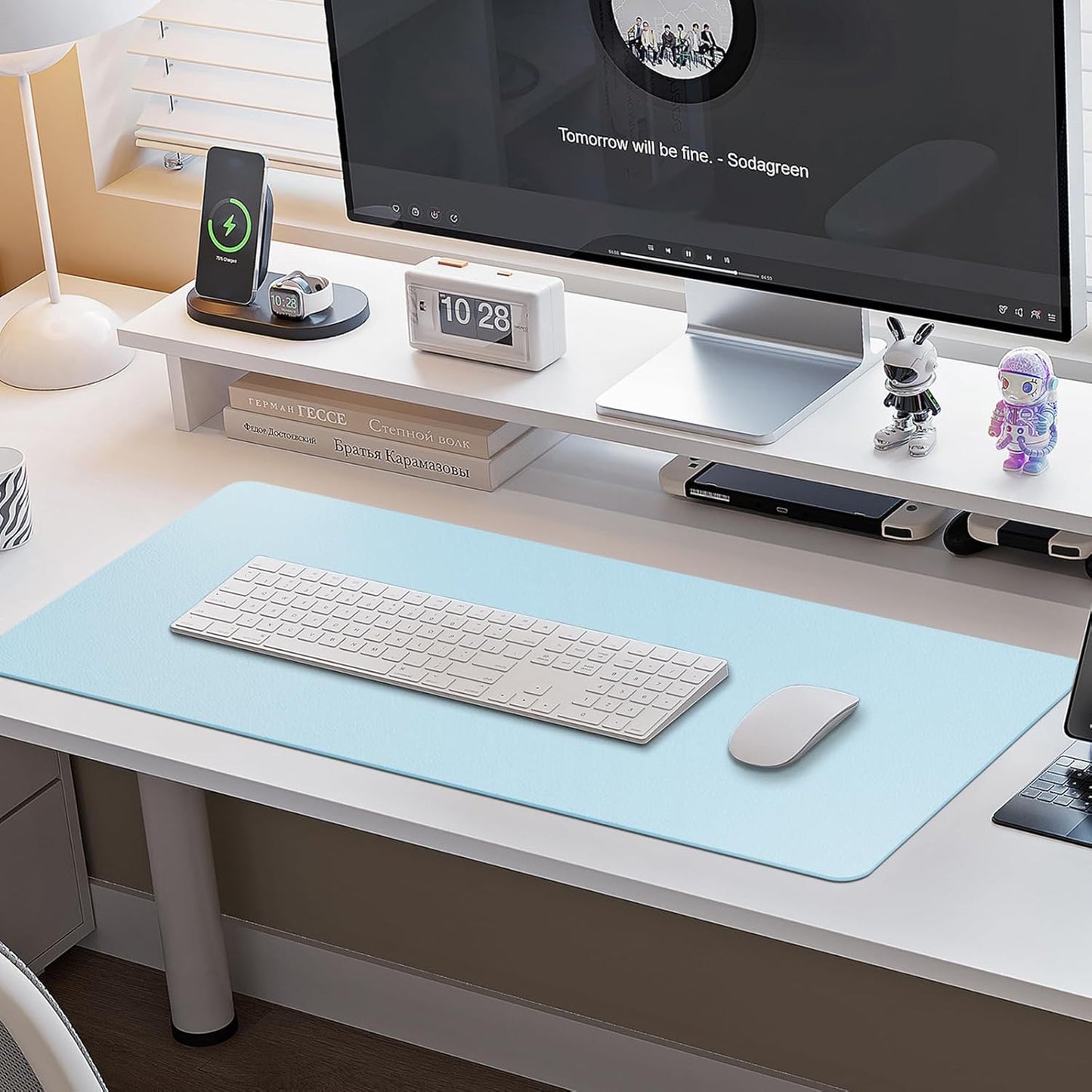 Boutilon Leather Desk Pad 30" x14",Non-Slip Mouse Pad,Office Desk Mat,Waterprooft PU Leather Desk Blotter,Desk Pad Protector,Desk Writing Pad for Home Office Decor (M-Light Blue)