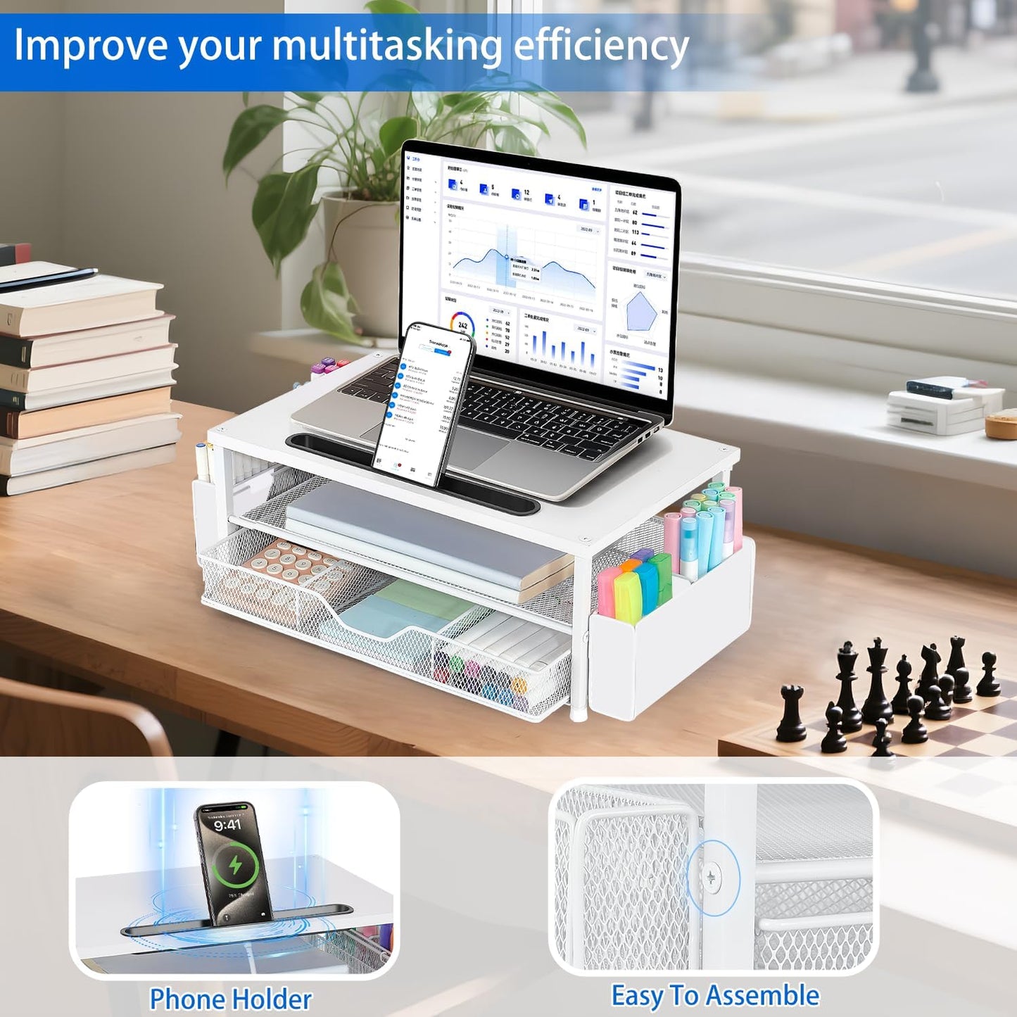 AUPSEN White Monitor Stand Riser, 2-Tier Wood Computer Desk Organizer with Drawer, Pen Storage & Phone Holder ，Office Desk Accessories Desktop Organizer for Office Supplies