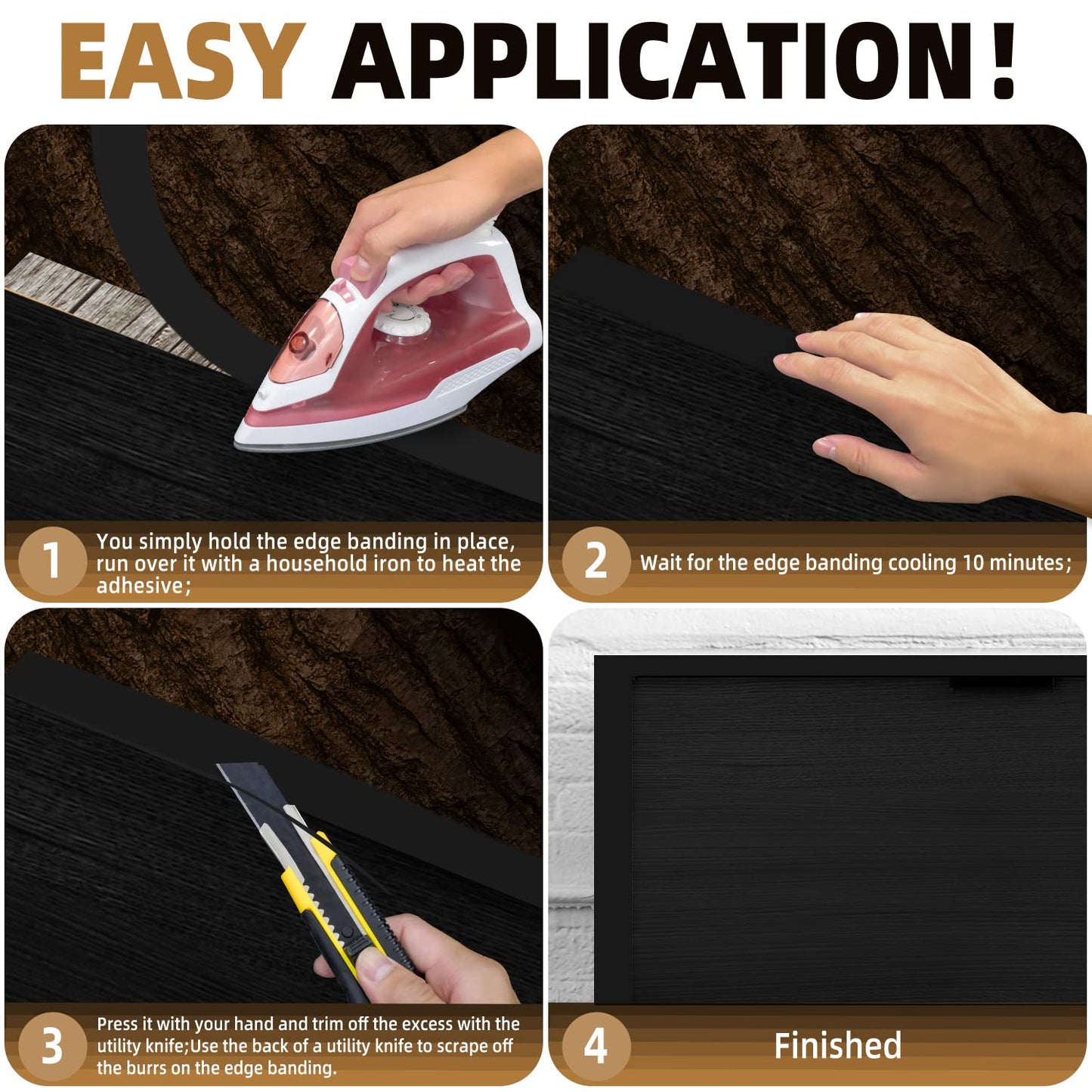 GSCIT Club Black Melamine Edge Banding, 1/2 inch x 50ft Edge Banding with Hot Melt Adhesive Pre-glued Cabinet Edge Banding Flexible Black Veneer Edging for Plywood