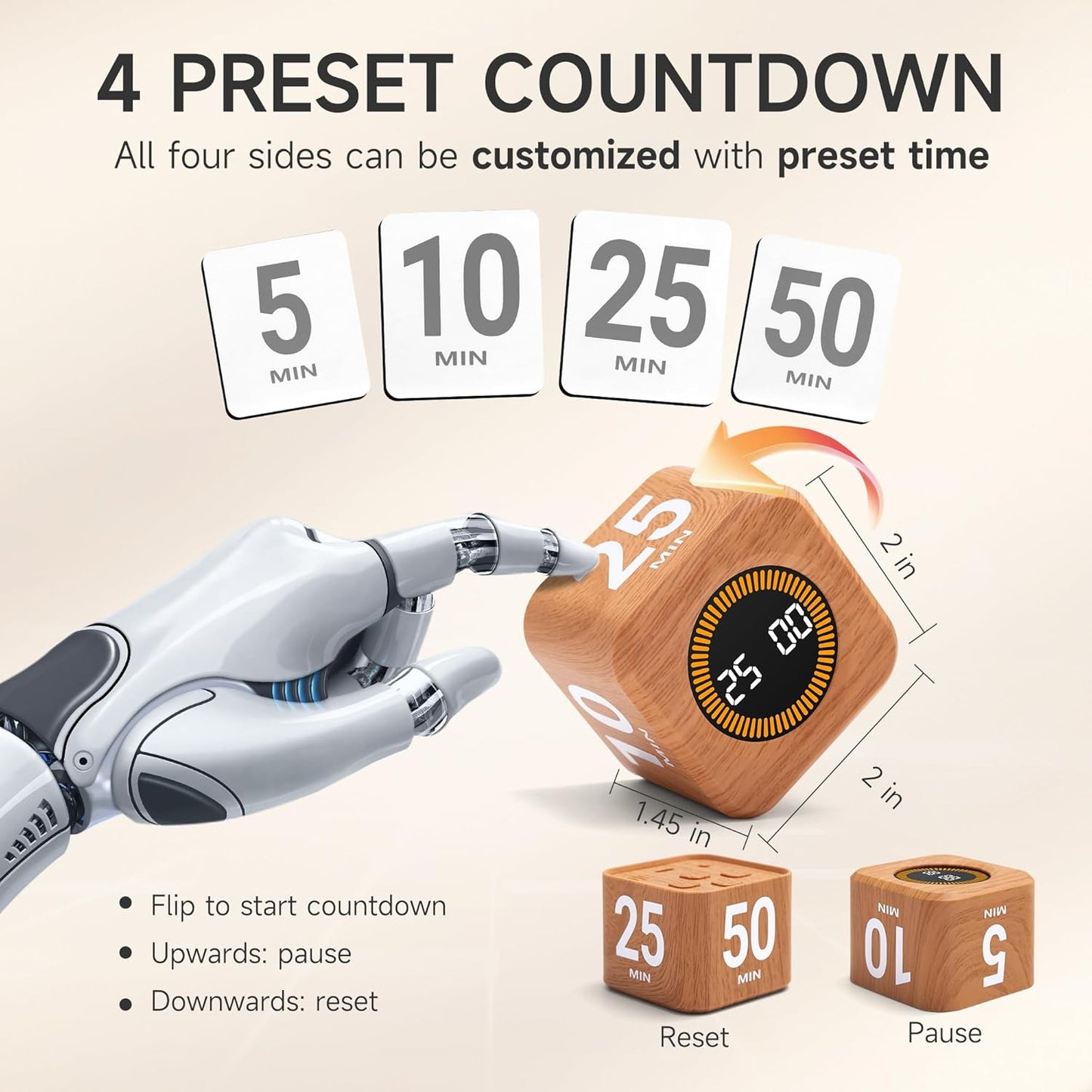 Rotating Productivity Timer 5, 25, 10, 50 Minutes Preset, Desk Cube w/Gravity Sensor for ADHD, Mute Functions, Ideal for Work, Study, Kitchen, Back to School (1, Wood Grain Finish)