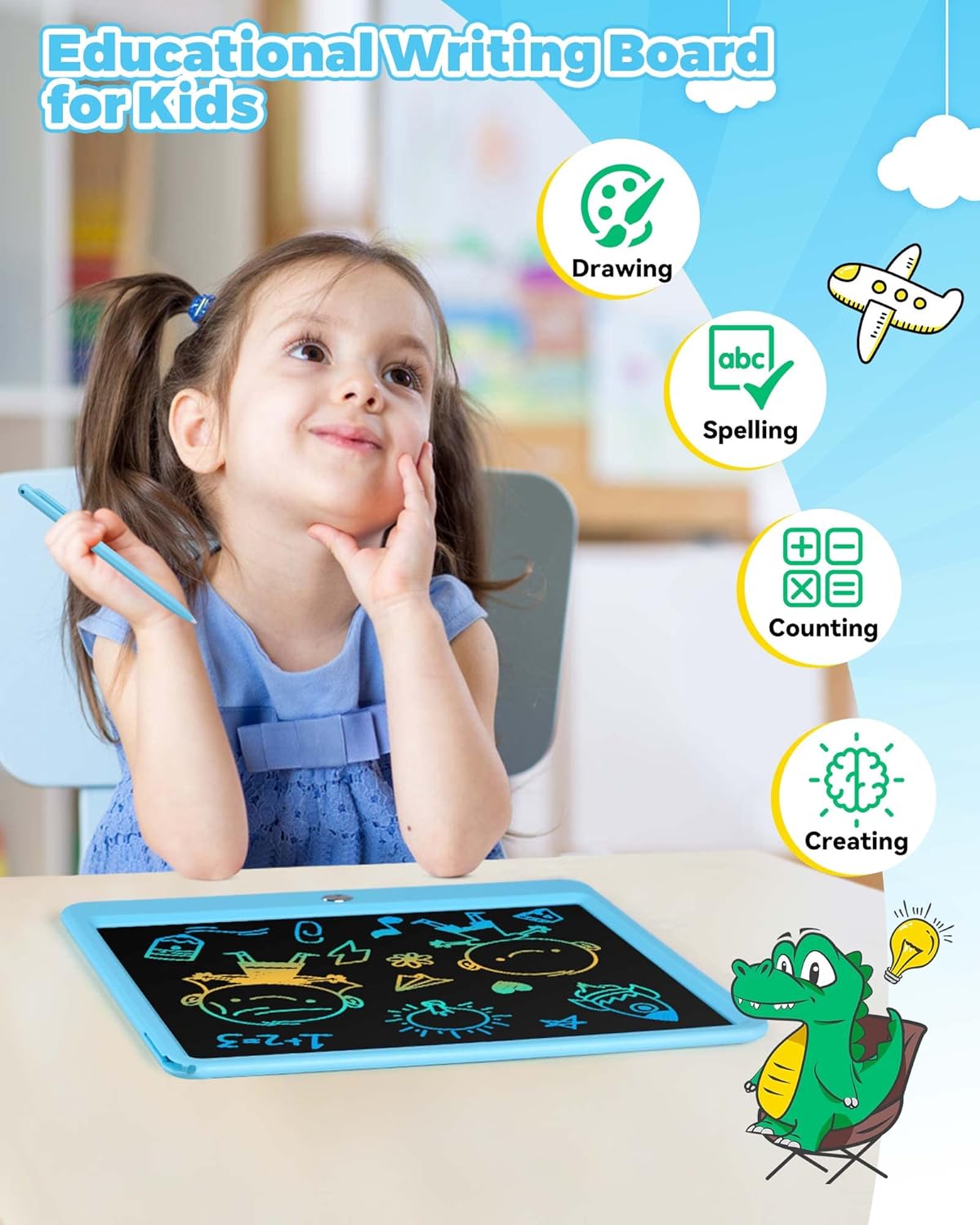 KOKODI 12 Inch LCD Writing Tablet with Anti-Lost Stylus, Erasable Doodle Board Colorful Toddler Drawing Pad, Car Travel School Games Toys for 3 4 5 6 7 8 Kids, Birthday Gift for Girls Boys Adults Blue