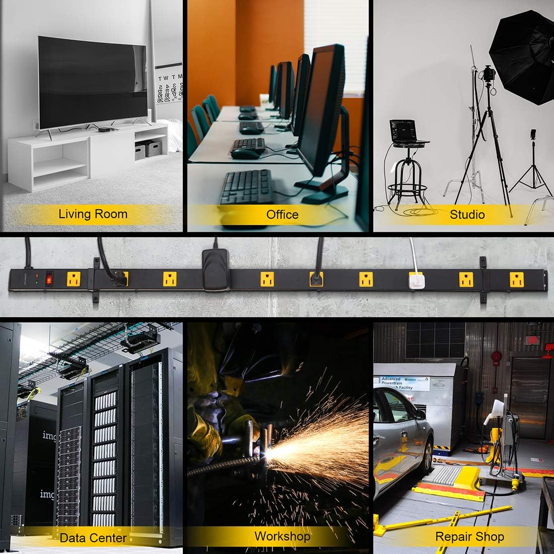 SURAIELEC 10 Outlet Long Power Strip Surge Protector, Industrial Heavy Duty Metal Shop Power Strip Flat Plug, 1000 Joules, 15 A Breaker, 6FT Cord, Wall Mountable, for Work Bench, Shop, Garage, 2 Pack