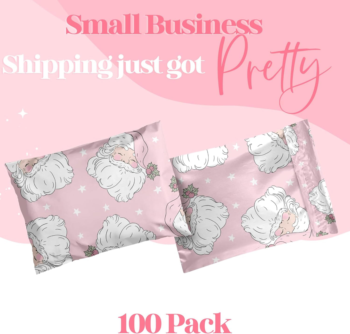 6x9 Designer Christmas Holiday Poly Mailers 100 Pack Heavy Duty Waterproof Self Seal Shipping Bags Large Mailing Envelopes Bulk Tear Resistant Cute Packaging Pink Santa