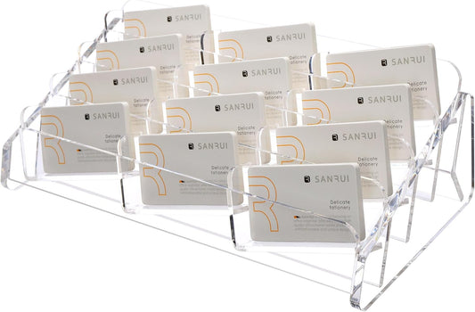 SANRUI Acrylic Business Card Holder for Desk, 4 Tier Clear Tilt Business Name Card Display Holders Stand Storage Organizer Fits720 Business Cards (Horizontal, 12-Slot)