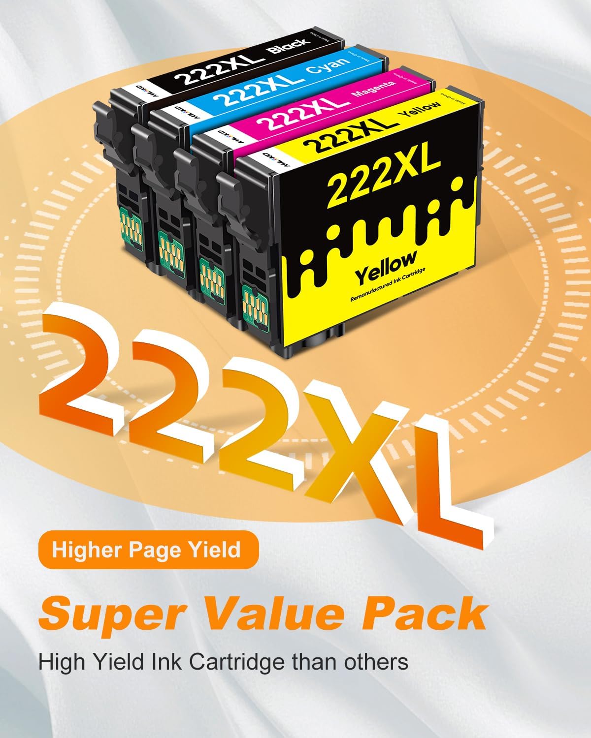 222XL Ink Cartridges Combo Pack Remanufactured Replacement for Epson 222 Ink Cartridges for Epson 222 XL 222XL for Epson XP-5200 Printer for Workforce WF-2960 Printer (4 Pack, 222 Ink)