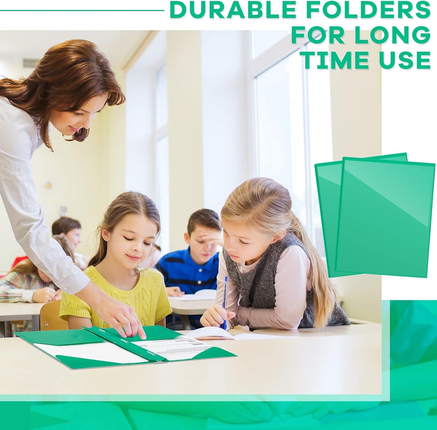 Henoyso 72 Pcs Plastic Folder with Clear Front Pocket and 3 Prong Plastic Folders with Card Slot Pocket Folders with Prongs for School Office (Green)